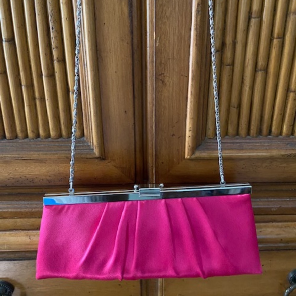 Jessica McClintock evening bag with silver trim and chain.